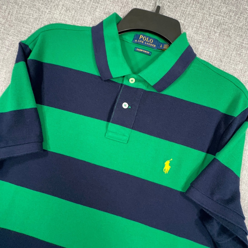Polo Ralph Lauren Polo Shirt Mens L (Fits Medium) Custom Slim Green Navy Striped